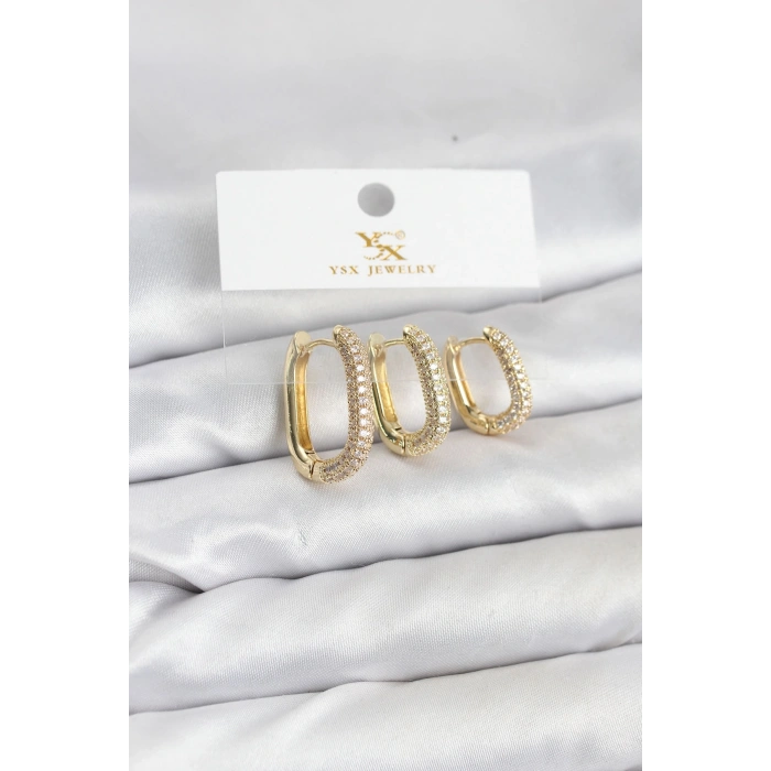 Pirinç Gold Renk Zirkon Taşlı Halka Model YSX Trio Küpe Seti