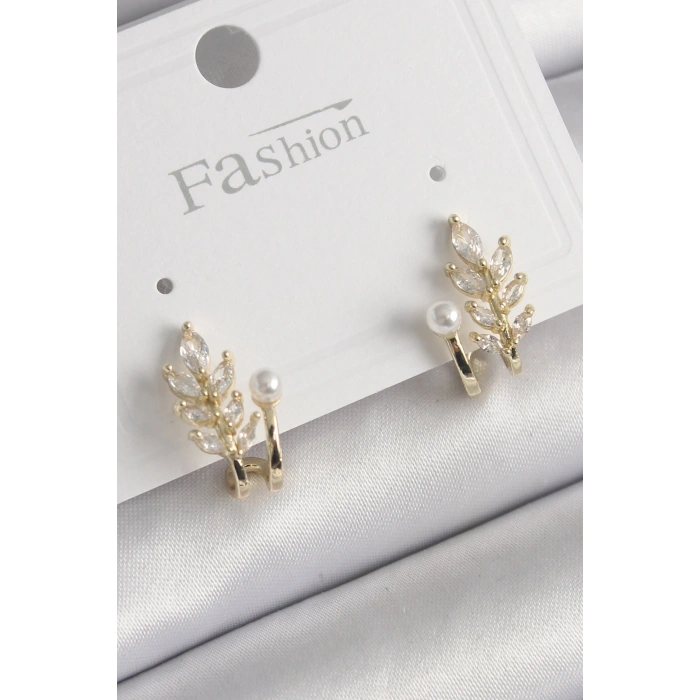 Pirinç Gold Renk Zirkon Taşlı Yaprak Model İnci Detay Küpe