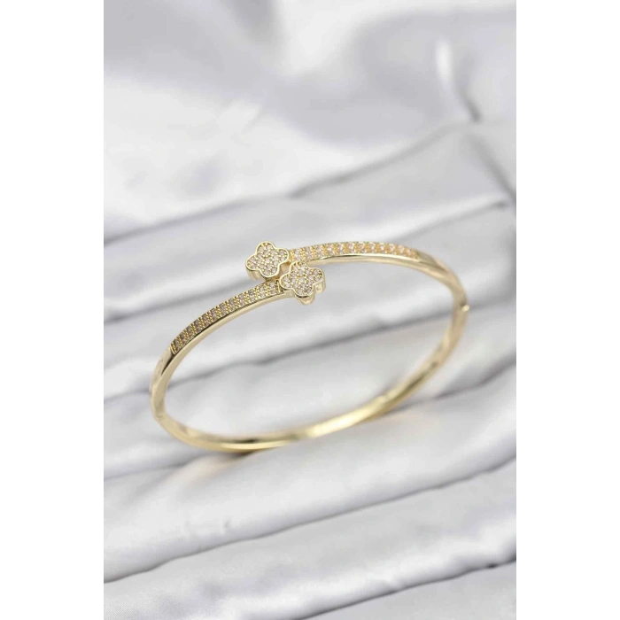 Pirinç Gold Renk Zirkon Taşlı Yonca Model Kadın Kelepçe Bileklik