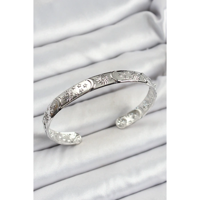 Pirinç Gümüş Renk İşlemeli Altı Açık Bileklik