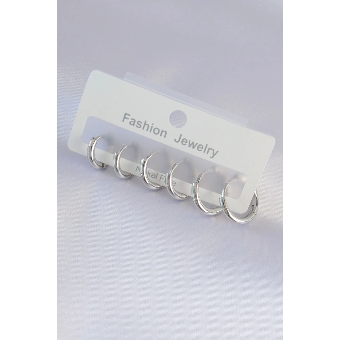 Pirinç Gümüş Renk Oval Küpe Seti