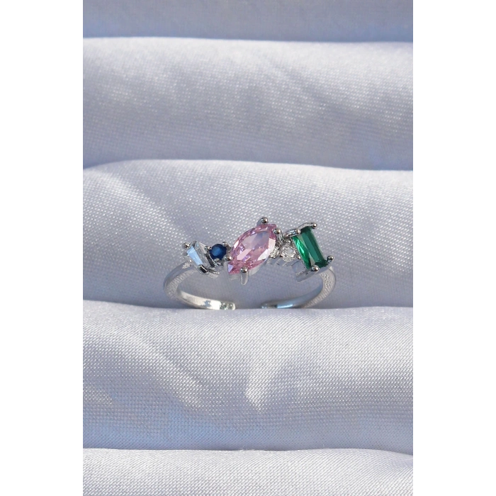 Pirinç Gümüş Renk Renkli Zirkon Taşlı Ayarlanabilir Yüzük