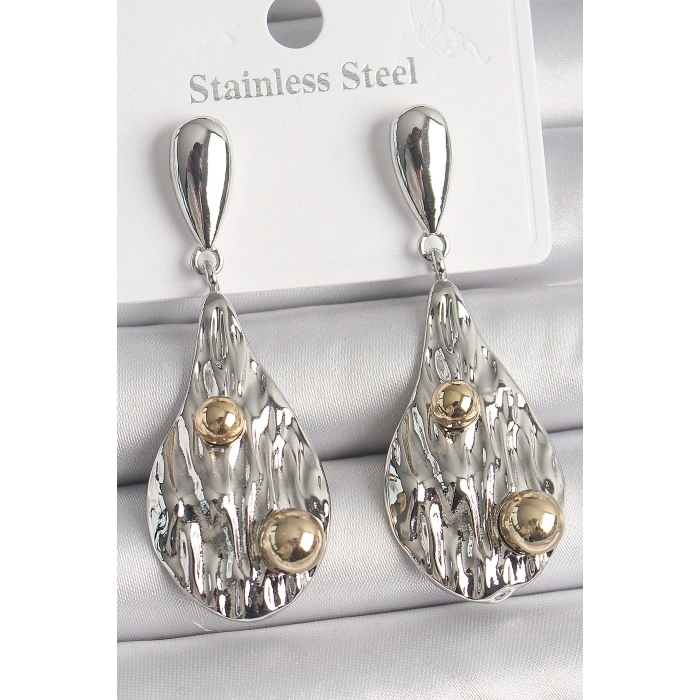 Pirinç Gümüş Renk Sallantı Damla Model Gold Topçuk Detay Kadın Küpe