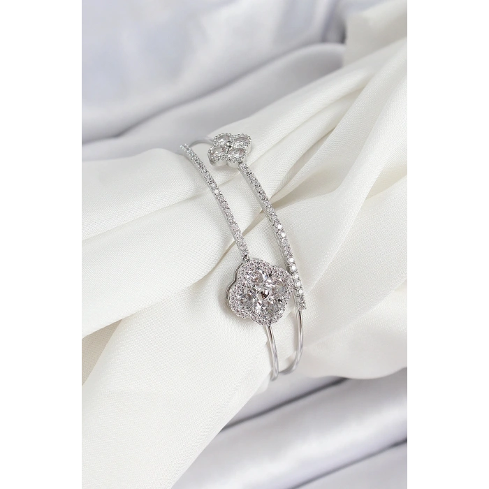 Pirinç Gümüş Renk Zirkon Taşlı Yonca Model 2li Kadın Bileklik