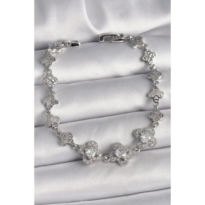 Pirinç Gümüş Renk Zirkon Taşlı Yonca Model Kadın Bileklik