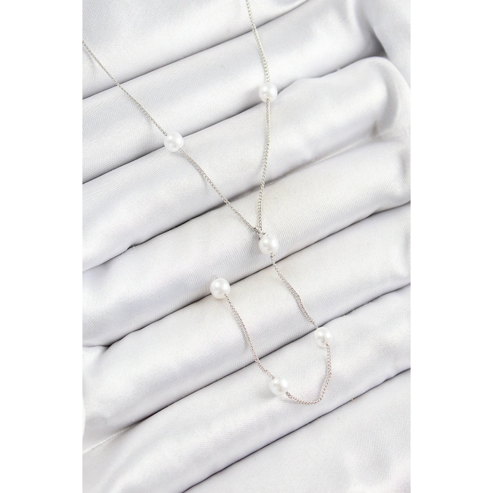 Pirinç İnci Figürlü Y Model Gümüş Renk Kadın Kolye