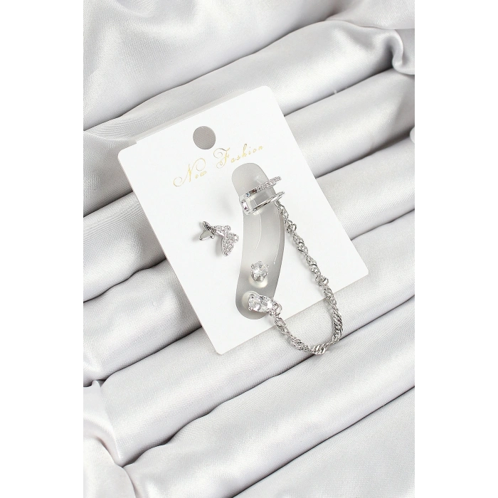 Pirinç Kelebek Figürlü Zirkon Taşlı Gümüş Renk 3lü Kıkırdak Kadın Küpe Set