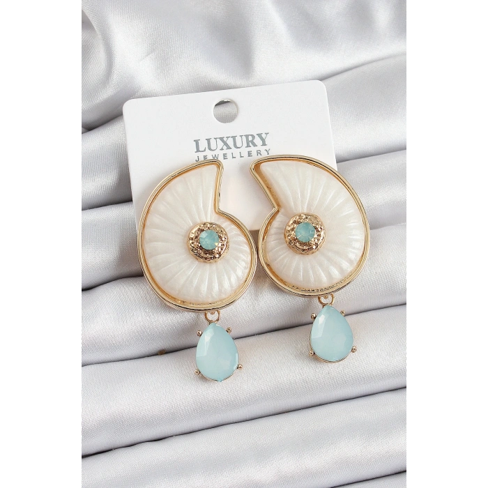 Pirinç Sedef Deniz Kabuğu Figürlü Zirkon Taşlı Gold Renk Kadın Küpe