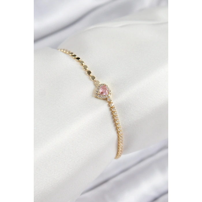 Pirinç Zirkon Taşlı Kalp Model Ezme Zincir Gold Renk Kadın Bileklik