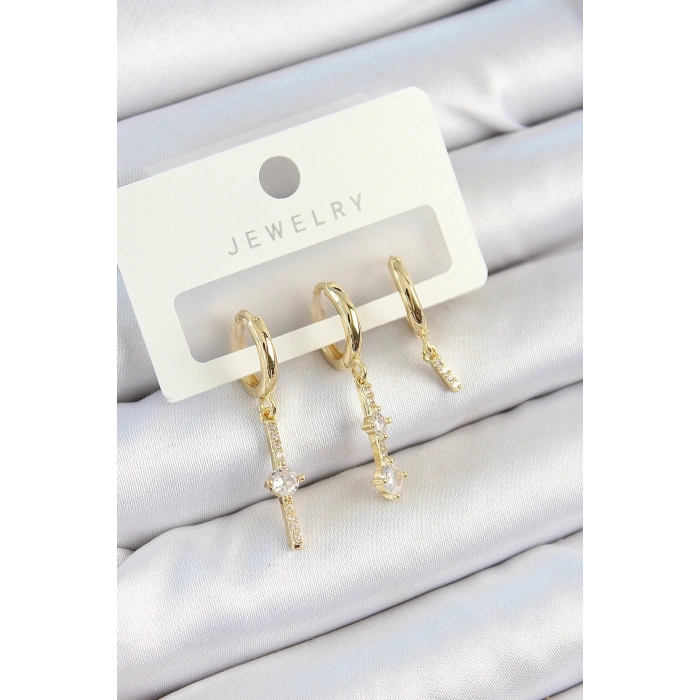 Pirinç Zirkon Taşlı Sallantılı Model Gold Renk 3lü Çift Kadın Küpe Set