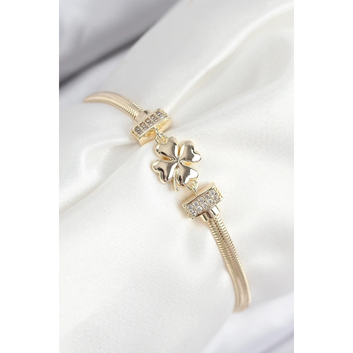 Pirinç Zirkon Taşlı Yonca Model Gold Renk Kadın Bileklik