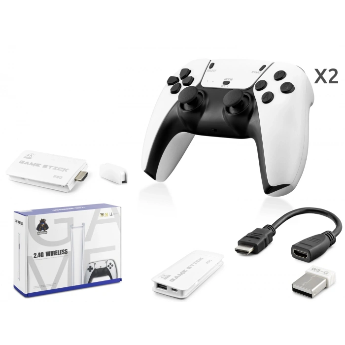 Retro Oyun Stick Hdmi Çift Gamepad Seti 2.4G Kablosuz - Beyaz HD330