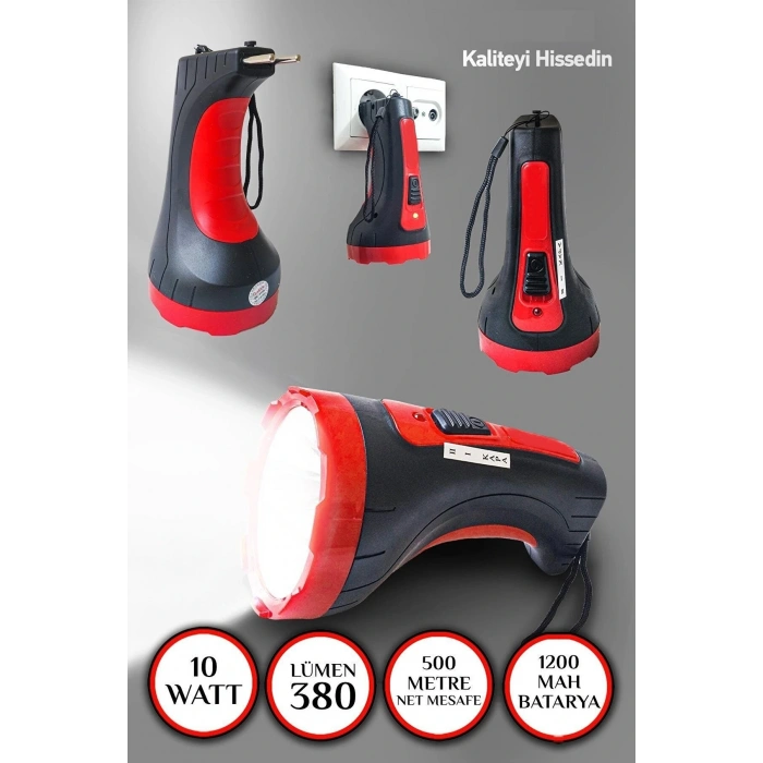 Şarjlı 10w Projektör Led El Fener 2 Mod Aydınlatmalı Uzun Menzil Güvenlik Bekçi  Feneri Işıldak