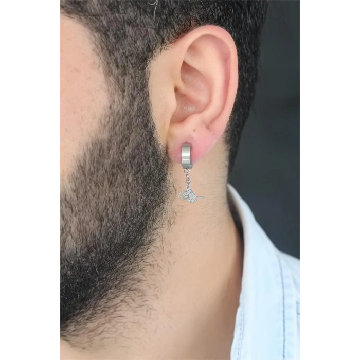 Silver Renk Kaplama Osmanlı Tuğra Figürlü Kıstırmalı Çelik Erkek Küpe