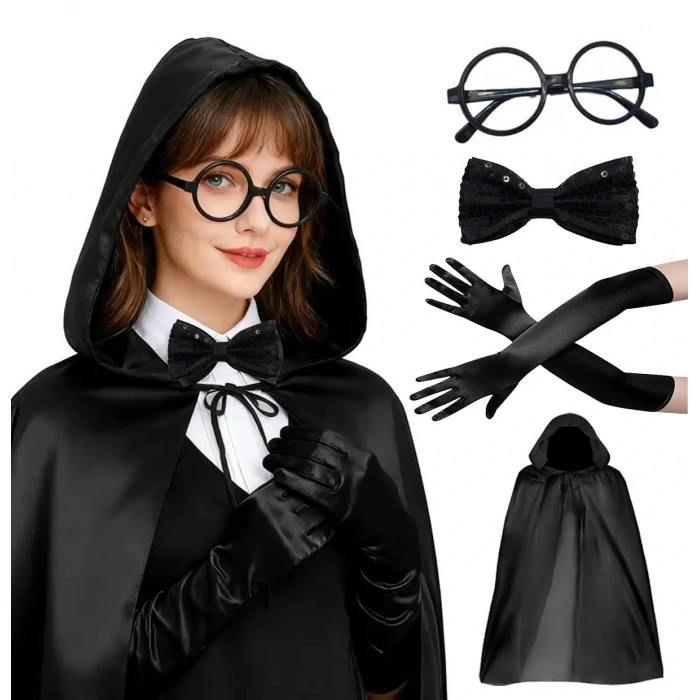 Siyah Kapüşonlu Büyücü ve Cadı Pelerin Kostüm Seti (4 Parça)