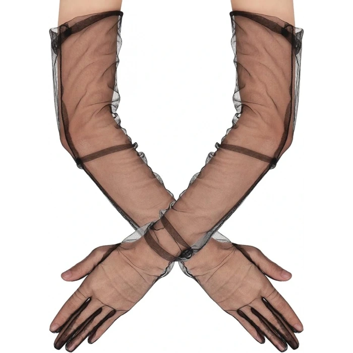 Uzun Boy Likralı Siyah Renk Yetişkin Mega Tül Eldiven 53 cm