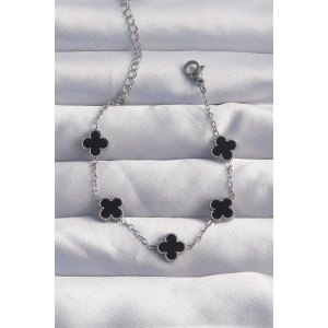 316L Çelik Baby Boy Gümüş Renk Siyah Mineli Yonca Bileklik