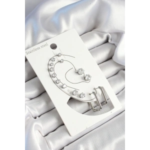 316L Çelik Dikdörtgen Figürlü Ve Zirkon Taşlı Gümüş Renk 7li Çift Kadın Küpe Set