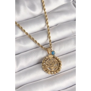 316L Çelik Gold Renk Burgu Zincir Dorika Yaşam Ağacı Figür Nazar Boncuk Detay Kadın Kolye