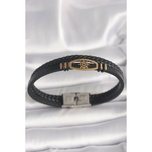 316L Çelik Gold Renk Gemi Dümen Figür Siyah Renk Çift Sıra Burgu Desenli Deri Kordon Erkek Bileklik
