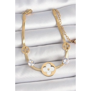 316L Çelik Gold Renk İtalyan Zincir Beyaz Mineli Yonca Model Zirkon Taş Detaylı Kadın Bileklik