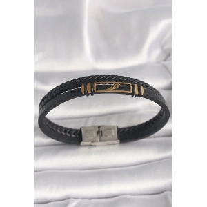 316L Çelik Gold Renk Kanat Aksesuarlı Siyah Burgu Model Deri Kordon Erkek Bileklik