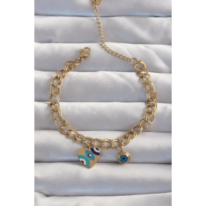 316L Çelik Gold Renk Nazarlı Kalp Model Zincir Bileklik