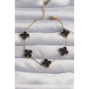 316L Çelik Gold Renk Siyah Mineli Yonca Bileklik