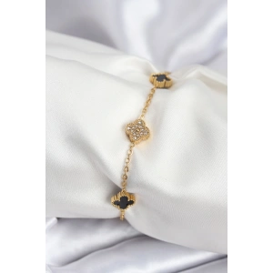 316L Çelik Gold Renk Siyah ve Zirkon Taşlı Baby Boy Yonca Kadın Bileklik