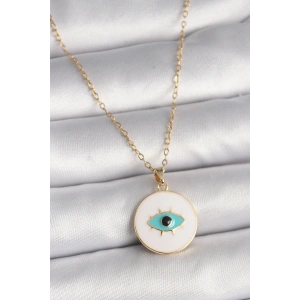 316L Çelik Gold Renk Zincir Beyaz Mineli Turkuaz Göz İşleme Model Kadın Kolye