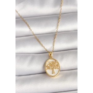 316L Çelik Gold Renk Zincir Zirkon Taş Detaylı Beyaz Mineli Ağaç İşlemeli Portre Model Kadın Kolye