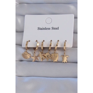 316L Çelik Gold Renk Zirkon Taşlı Hayvan Figürlü Deniz Yıldızı Model Halka Küpe Seti