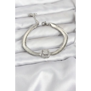 316L Çelik Gümüş Renk Baget Zirkon Taşlı Yılan Zincirli Kadın Bileklik