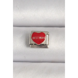 316L Çelik Gümüş Renk Best Man Yazılı Kırmızı Kalp İşlemeli Nomination Charm