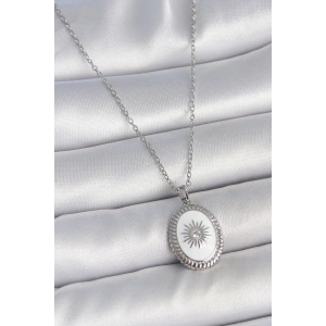 316L Çelik Gümüş Renk Beyaz Mineli Güneş İşlemeli Nazar Boncuk Detay Madalyon Model Kadın Kolye
