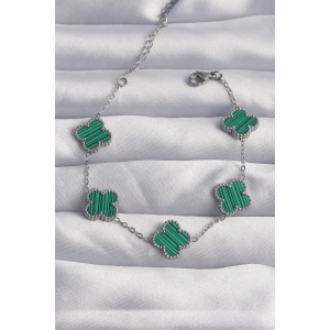 316L Çelik Gümüş Renk Çizgili Yeşil Mineli Yonca Bileklik