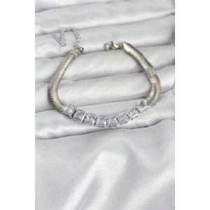 316L Çelik Gümüş Renk Kare Zirkon Taşlı Yılan Zincirli Kadın Bileklik