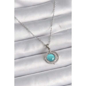 316L Çelik Gümüş Renk Mavi Sedefli Hilal Model Kadın Kolye