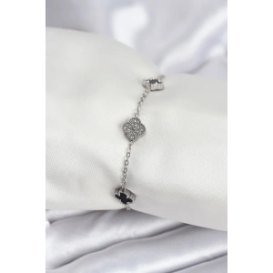 316L Çelik Gümüş Renk Siyah ve Zirkon Taşlı Baby Boy Yonca Kadın Bileklik