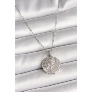 316L Çelik Gümüş Renk Zincir Zirkon Taşlı Ay Güneş İşlemeli Madalyon Model Kadın Kolye