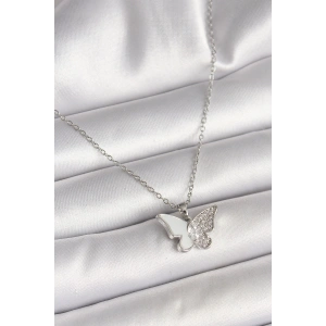 316L Çelik Gümüş Renk Zincir Zirkon Taşlı Beyaz Mineli Kelebek Model Kadın Kolye