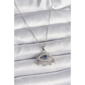 316L Çelik Gümüş Renk Zincir Zirkon Taşlı Göz Model Kadın Kolye