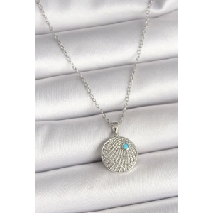 316L Çelik Gümüş Renk Zincir Zirkon Taşlı Mavi Taş Detaylı Madalyon Model Kadın Kolye