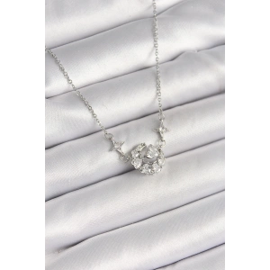 316L Çelik Gümüş Renk Zirkon Taşlı Hilal Kalp Model Kadın Kolye