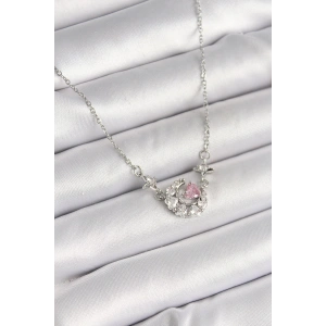 316L Çelik Gümüş Renk Zirkon Taşlı Hilal Pembe Kalp Model Kadın Kolye