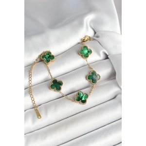 316L Çelik Sedefli Zümrüt Yeşil Gold Renk Yonca Kadın Bileklik