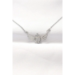 316L Çelik Silver Renk Zirkon Taşlı Kalpli Kanat Kolye