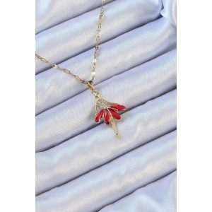 316L Çelik Zincir Altın Renk Kırmızı Etekli Zirkon Taşlı Balerin Kolye