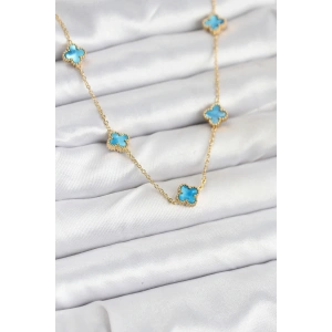 316L Çelik Zincir Gold Renk Buz Mavisi Baby Boy Yonca Kadın Kolye