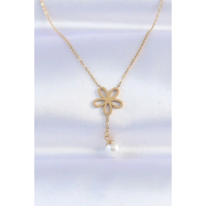 316L Çelik Zincir Gold Renk İnci Detay Çiçek Kolye